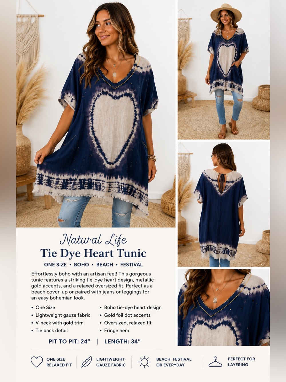 Natural Life OS Blue Tie Dye Heart Tunic Cover Up‎ Boho Beach Oversized Fringe